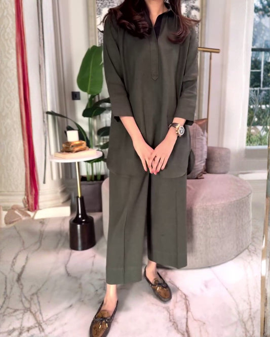 Mira – Deep Olive Cotton Co-ord Set with Plain Finish