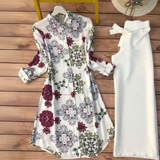 Multi-Color White and Wine Floral Printed Kurti With Palazzo