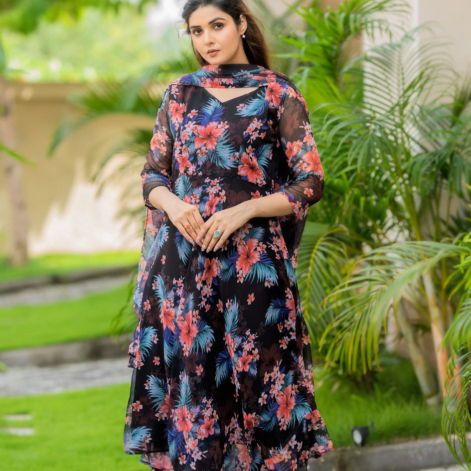 Black Floral Chiffon Dress with Dupatta