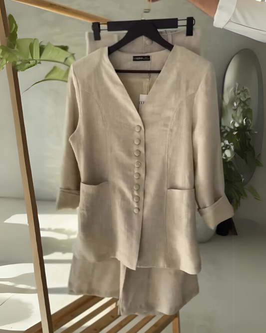 Sandstone Poise - Women's Linen Blazer Set