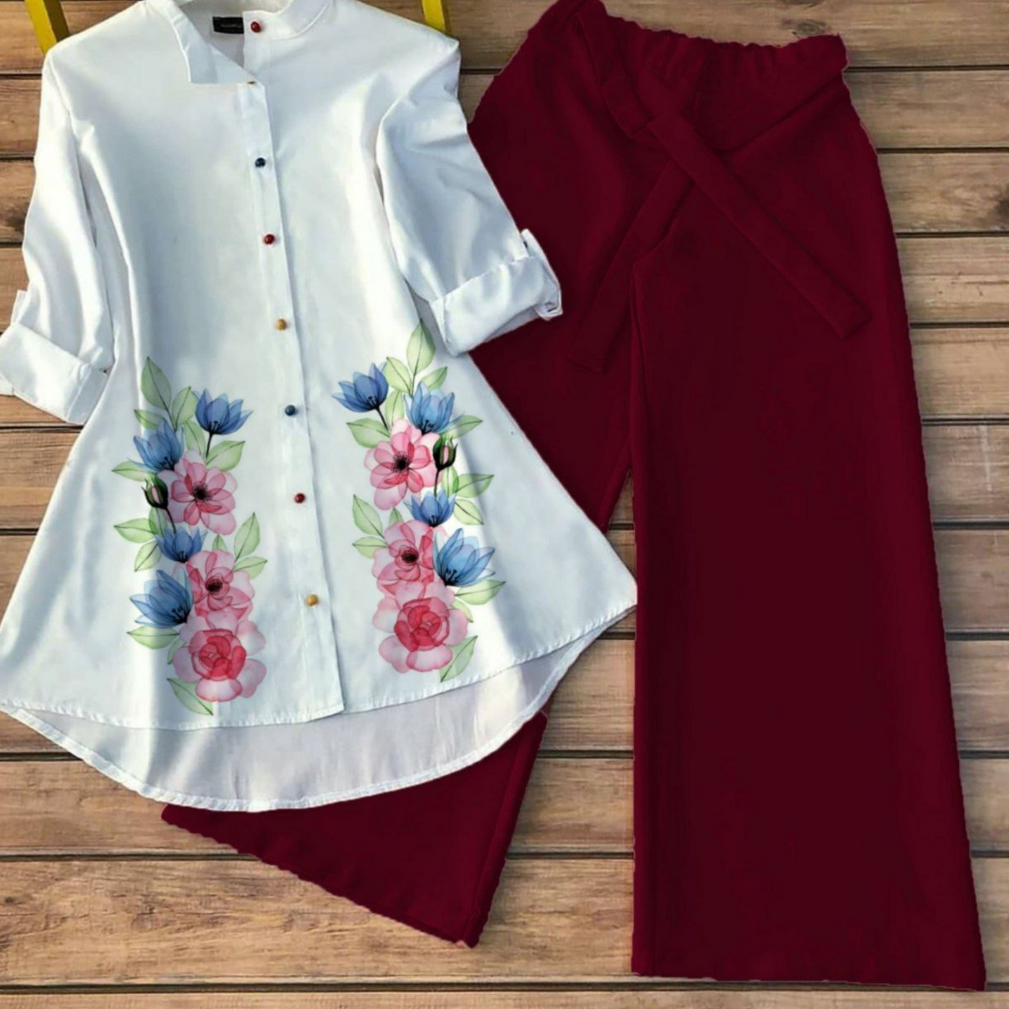 Blossom Cascade - Women’s Floral Shirt & Wide-Leg Pant Set