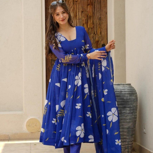 Blue Elegent Salvar Suit Georgette With Digital Print Fully Flair With Sleeve