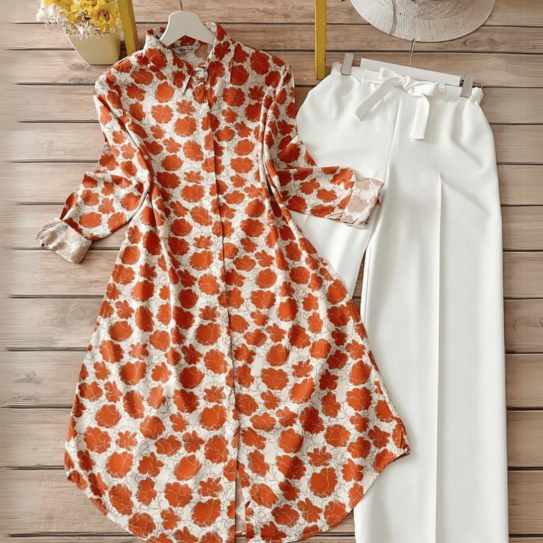 Floral Orange Longline Button-Up Top with Belted Trousers