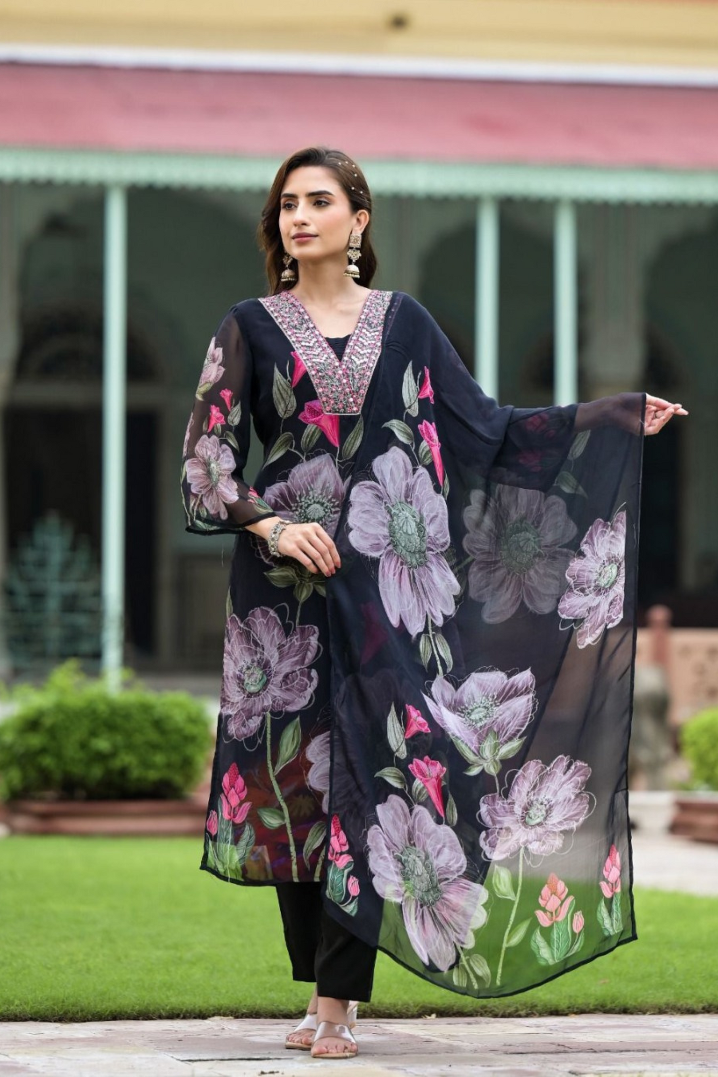 Floral Symphony - Black Printed Kurta Set