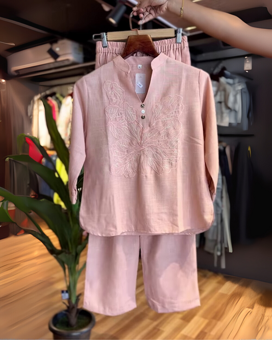 Elina – Blush Pink Cotton Co-ord Set with Embroidered