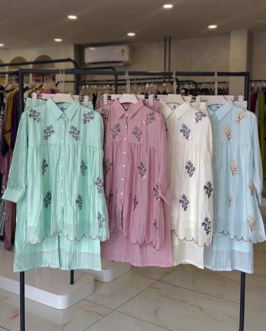 Oqen - Sky Blue Embroidered Tissue Co Ord Set