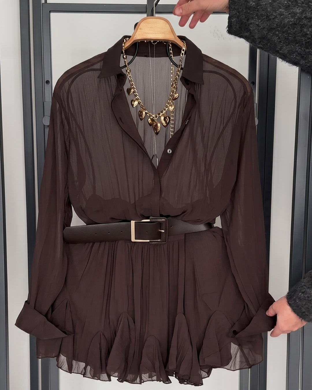 Griva - Chocolate Sheer Chiffon Belted Co-Ord Set