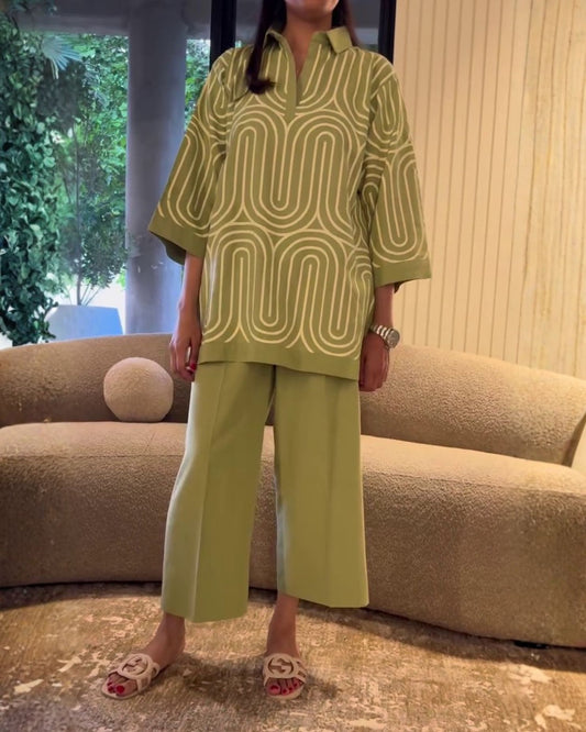 Kiara – Sage Cotton Co-ord Set with Hand-Printed Lines