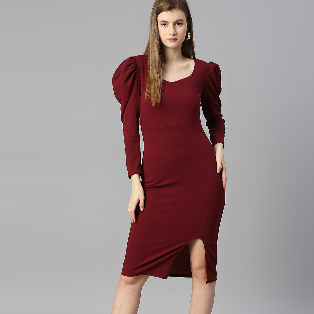 Wine Puff Sleeve Bodycon Dress with Slit