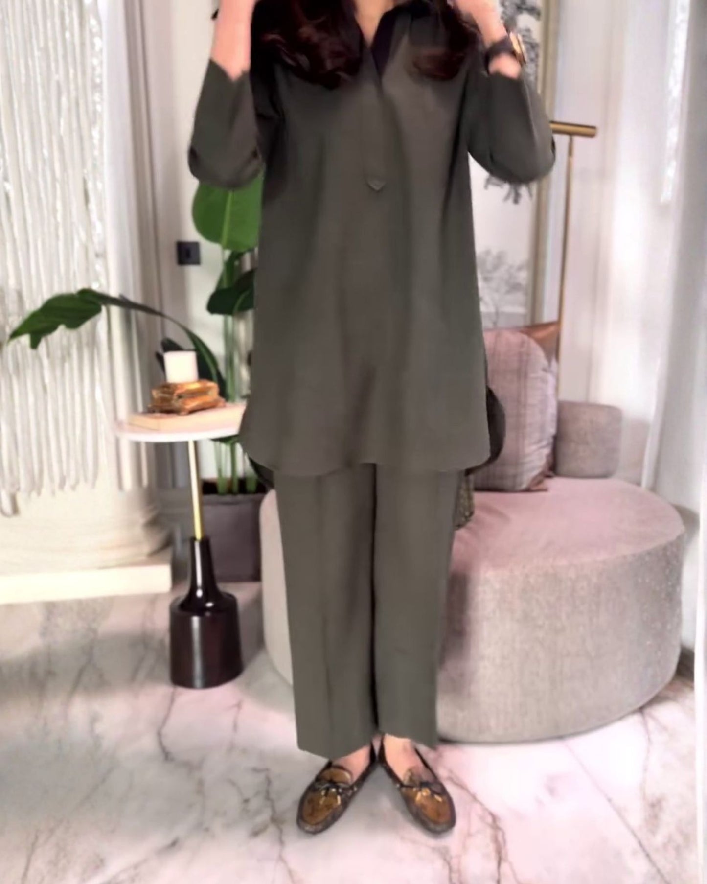 Mira – Deep Olive Cotton Co-ord Set with Plain Finish