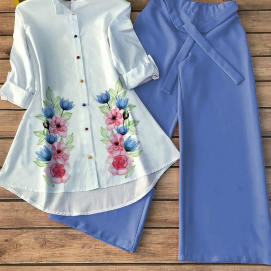 Blossom Serene - Women’s Floral Shirt & Wide-Leg Pant Set