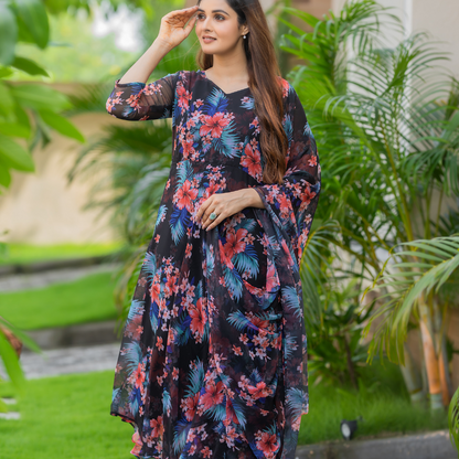 Black Floral Chiffon Dress with Dupatta