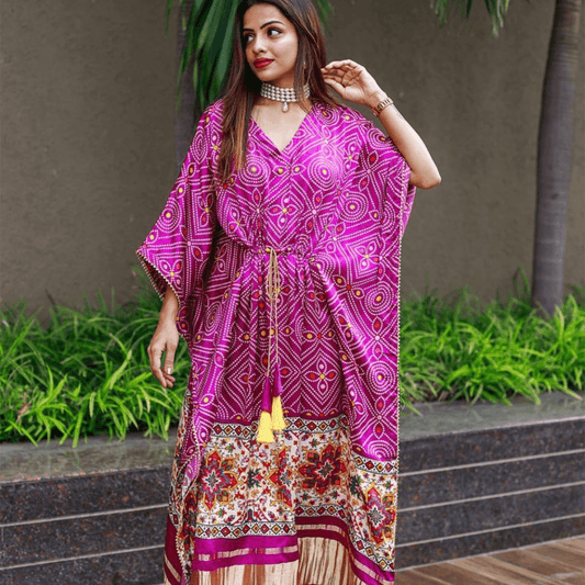 Colourful Rani Pink With Flowers Satin Kaftan