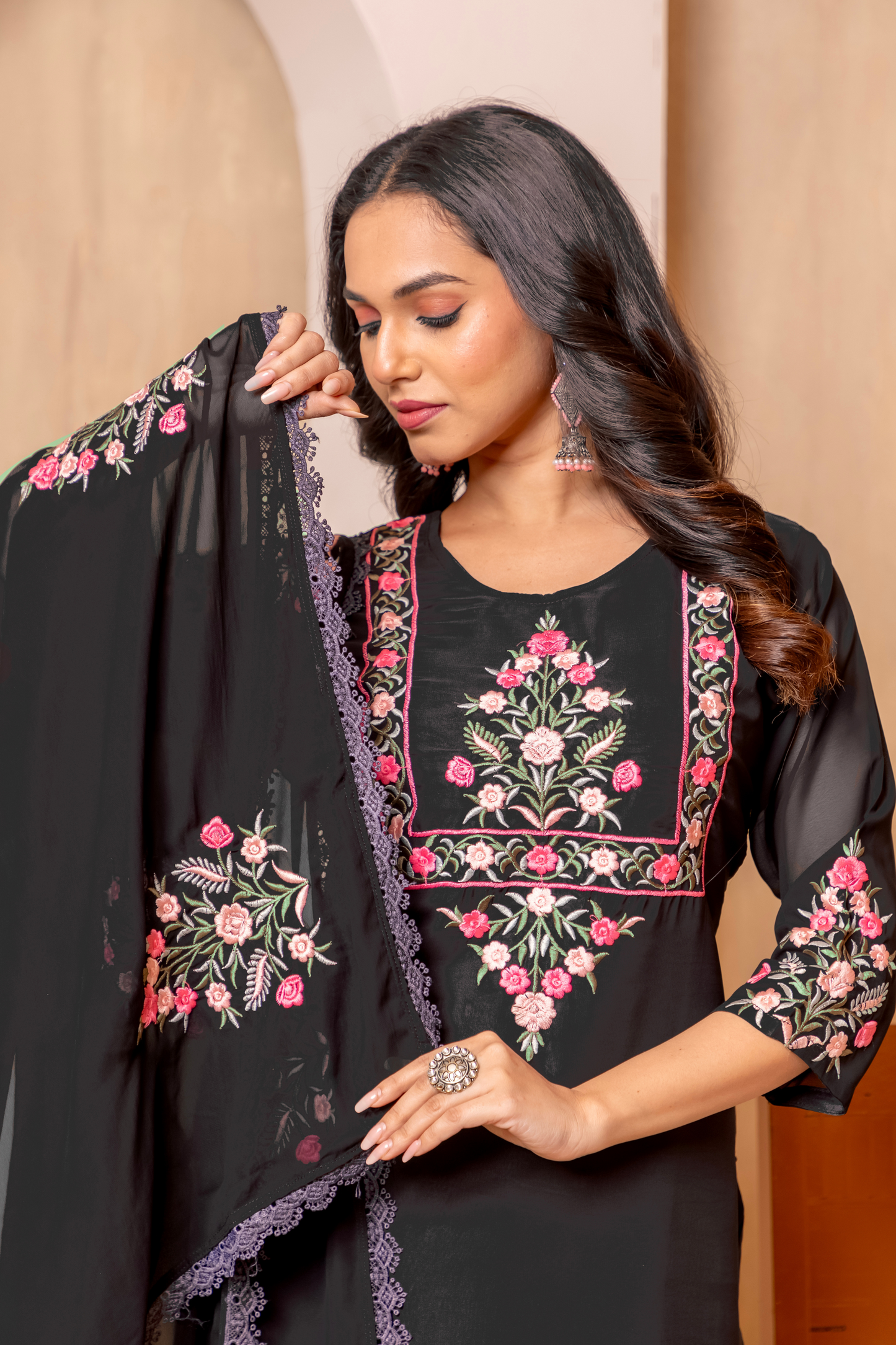 Noir Bloom- Embroidered Cotton Kurta Set