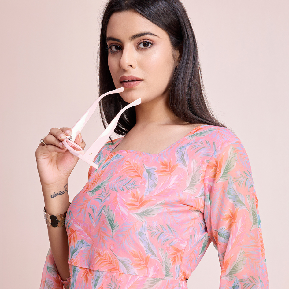 Peach Pastel Leaf Print Maxi Dress with Flowy Dupatta