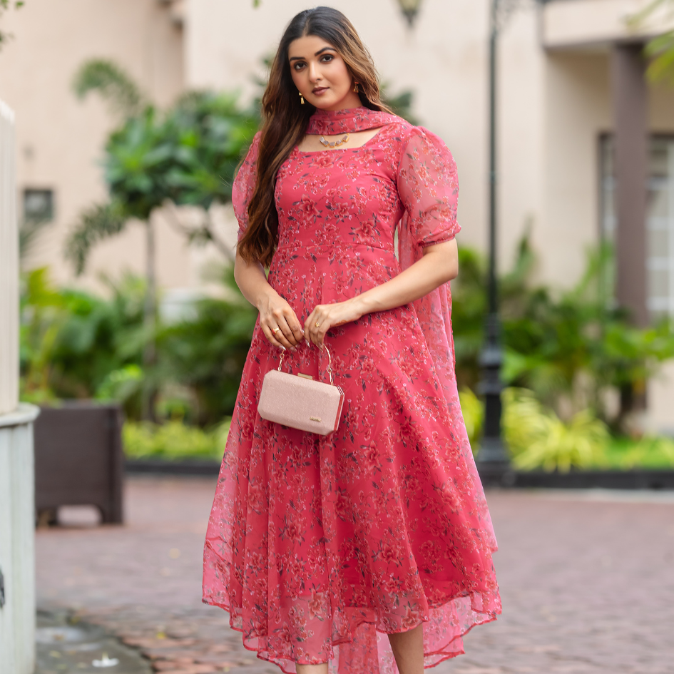 Floral Pink A-Line Dress with Puff Sleeves