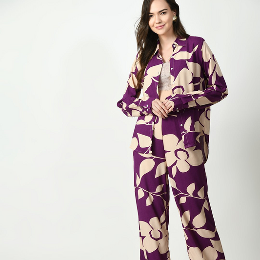 Wine Cream Leaves  Print Co-Ord Set