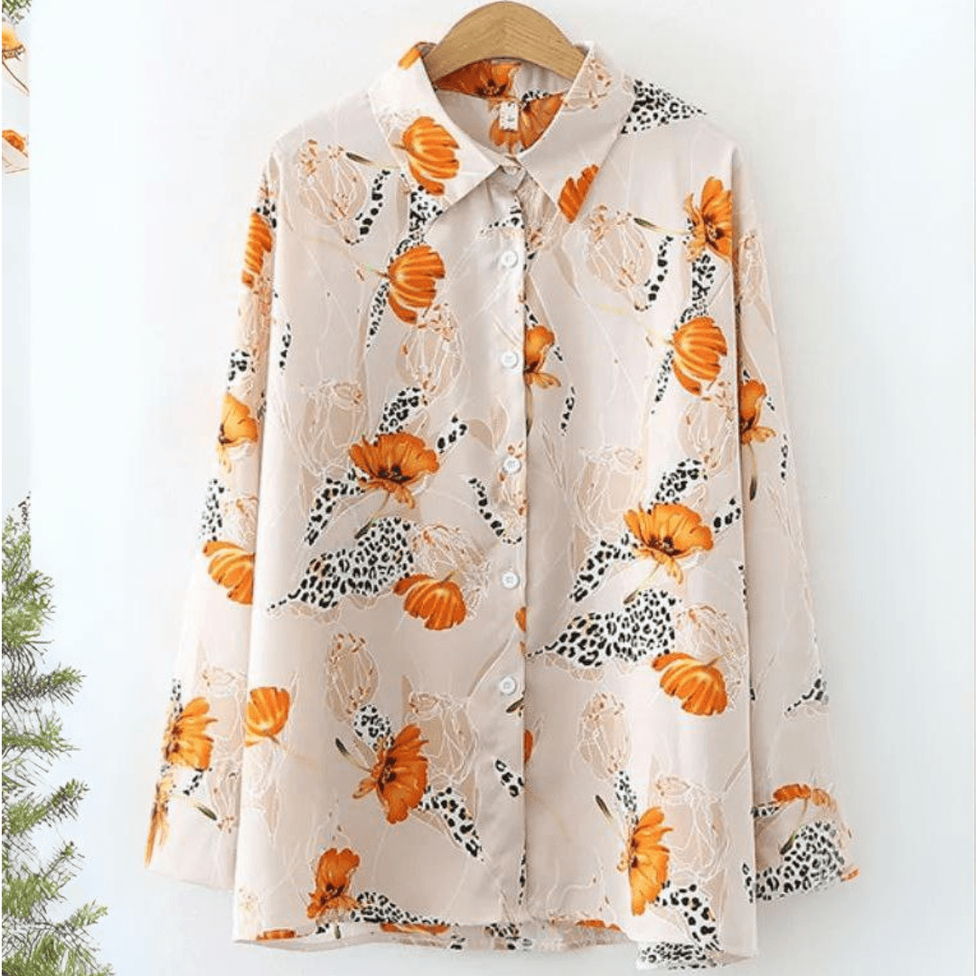 Elegant Orange Botanical Print Button-Up Top