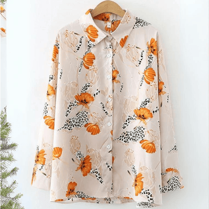 Elegant Orange Botanical Print Button-Up Top