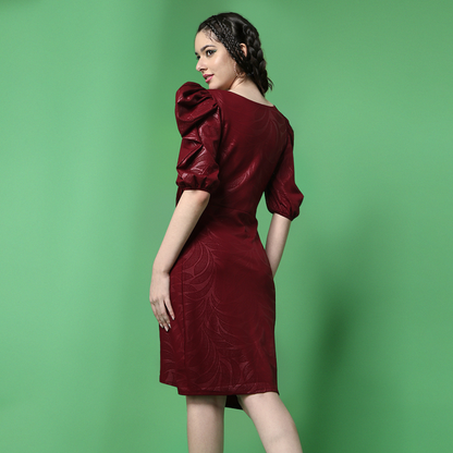 Faux Maroon Leather Puff Sleeve Wrap Dress