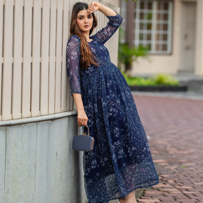 Navy Blue Floral Long-Sleeve Maxi Dress