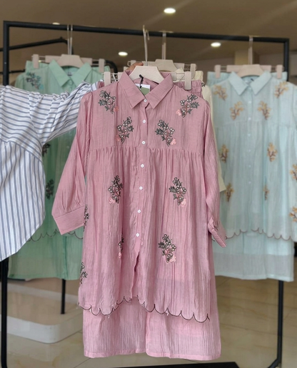 Oqen - Blush Pink Embroidered Tissue Co Ord Set