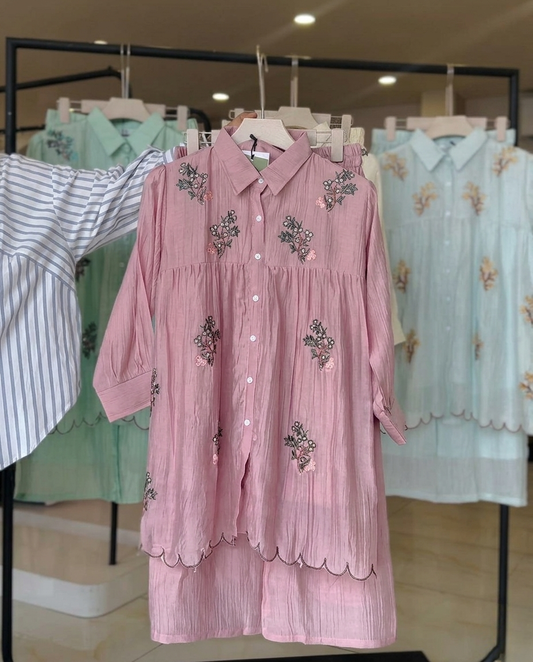 Oqen - Blush Pink Embroidered Tissue Co Ord Set