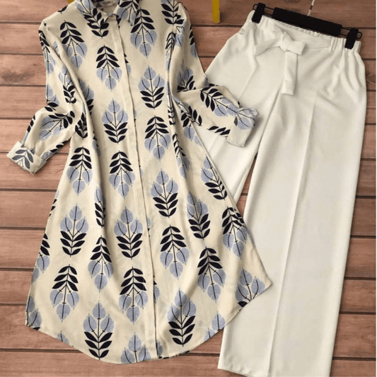 Blossam Off-White And Blue Leaves Kurti with Imported Lycra Plazzo Set