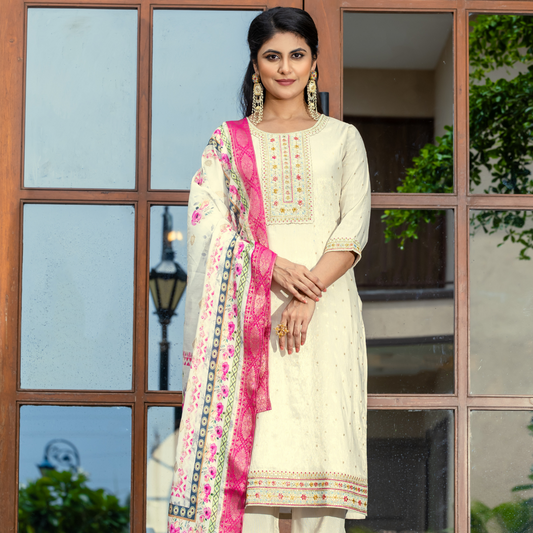 Ivory Embroidered Kurta Set with Pink Dupatta