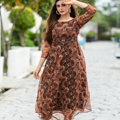 Earthy Brown Printed A-Line Dress