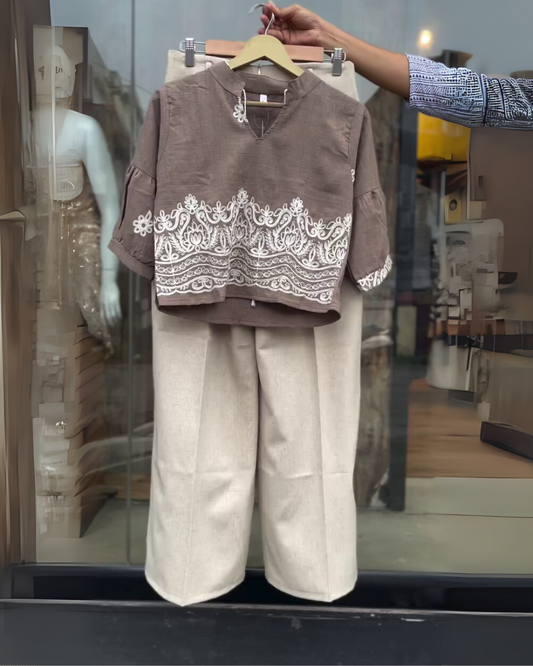 Veve – Mocha Embroidered Co-ord Set with Beige Wide-Leg Pants