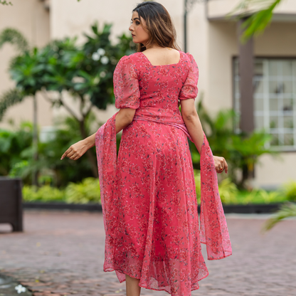 Floral Pink A-Line Dress with Puff Sleeves