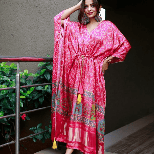 Colourful Pink With Elephant Print Satin Kaftan