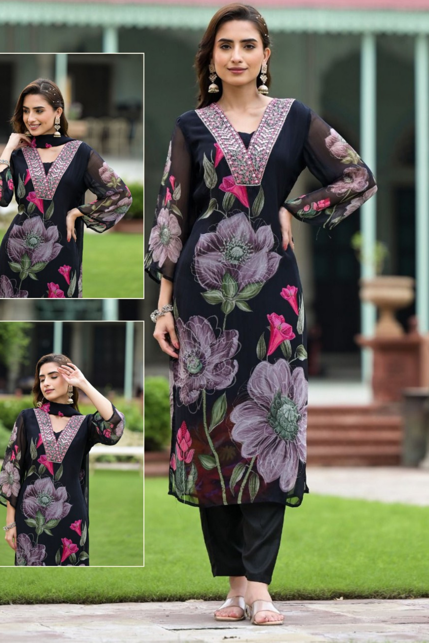 Floral Symphony - Black Printed Kurta Set