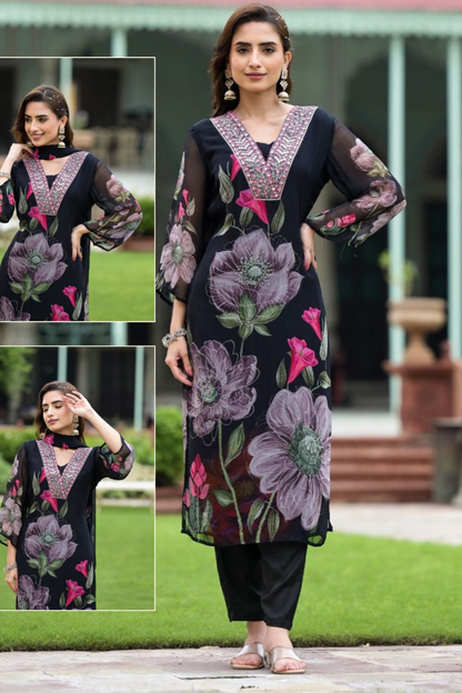 Floral Symphony - Black Printed Kurta Set