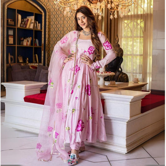 Pink  Elegent Salvar Suit Georgette With Digital Print Fully Flair With Sleeve