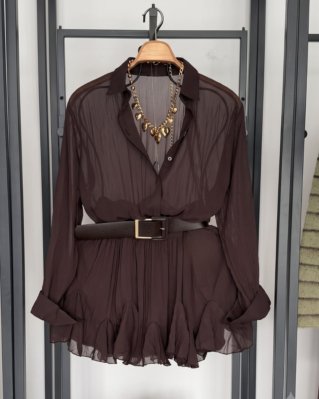 Griva - Chocolate Sheer Chiffon Belted Co-Ord Set
