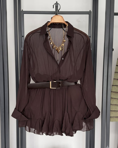Griva - Chocolate Sheer Chiffon Belted Co-Ord Set