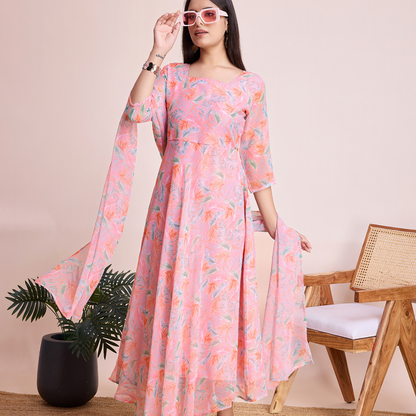 Peach Pastel Leaf Print Maxi Dress with Flowy Dupatta