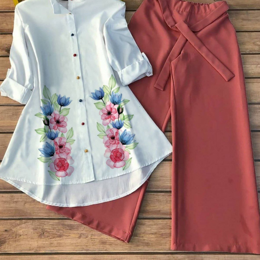 Blossom Rosewood  - Women’s Floral Shirt & Wide-Leg Pant Set