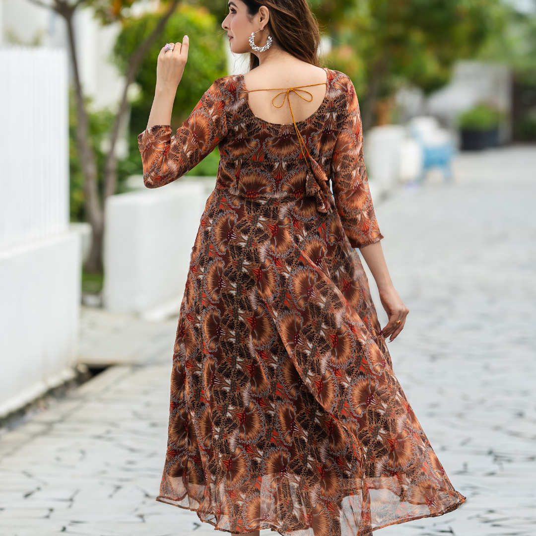 Earthy Brown Printed A-Line Dress