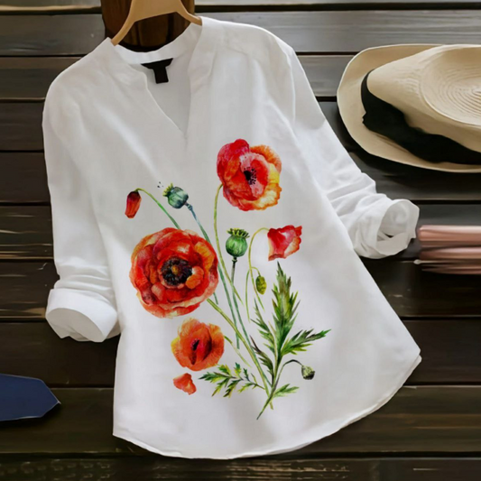 Floral Whispers-Scarlet Bloom- Women’s Embroidered White Tops