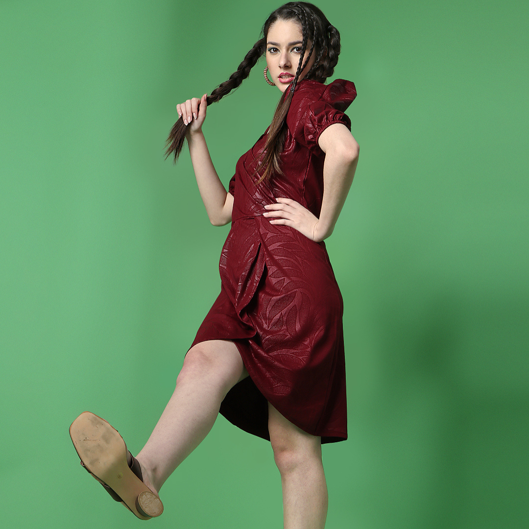 Faux Maroon Leather Puff Sleeve Wrap Dress