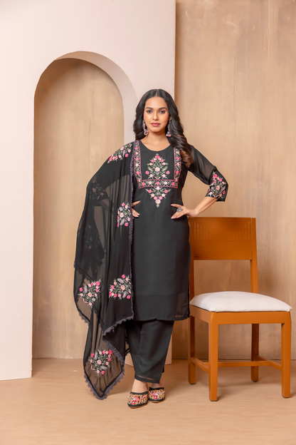 Noir Bloom- Embroidered Cotton Kurta Set