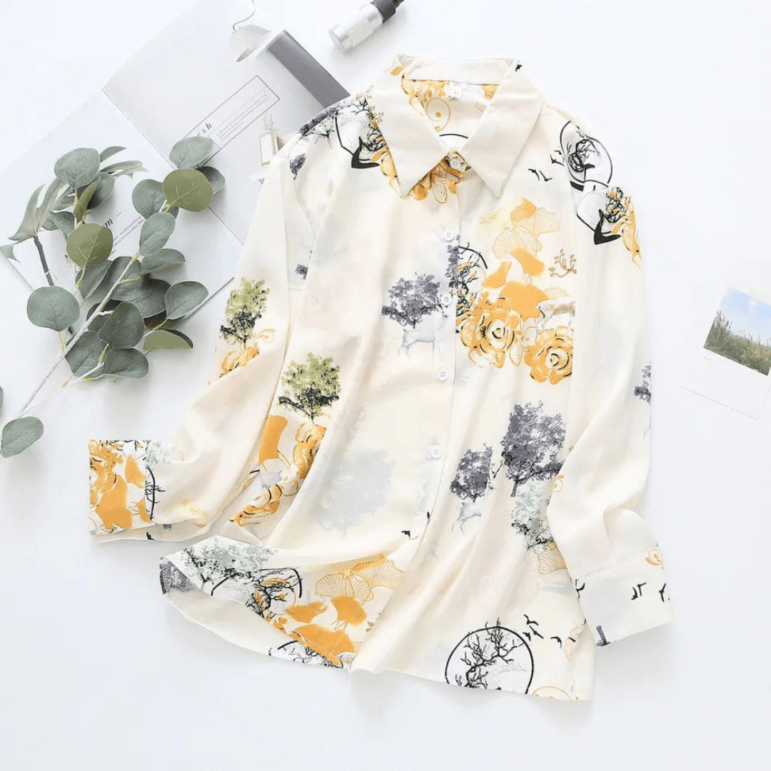 Elegant Yellow Botanical Print Button-Up Top