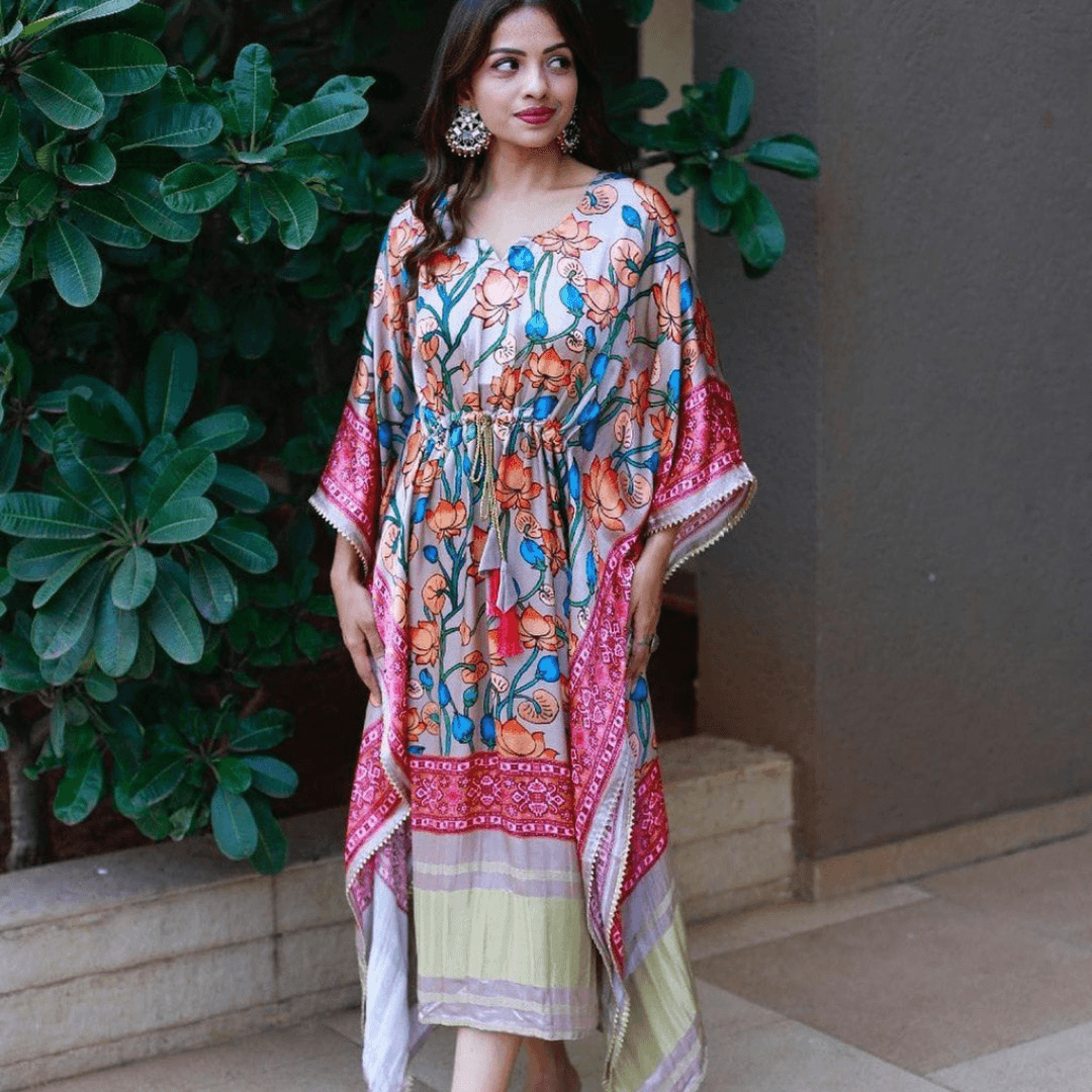 Color Lotus Print Design Wonder Satin Kaftan