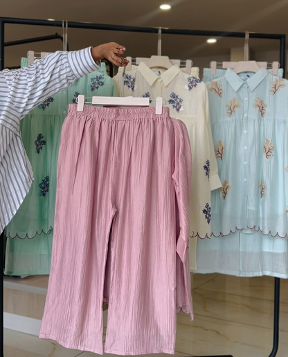 Oqen - Blush Pink Embroidered Tissue Co Ord Set