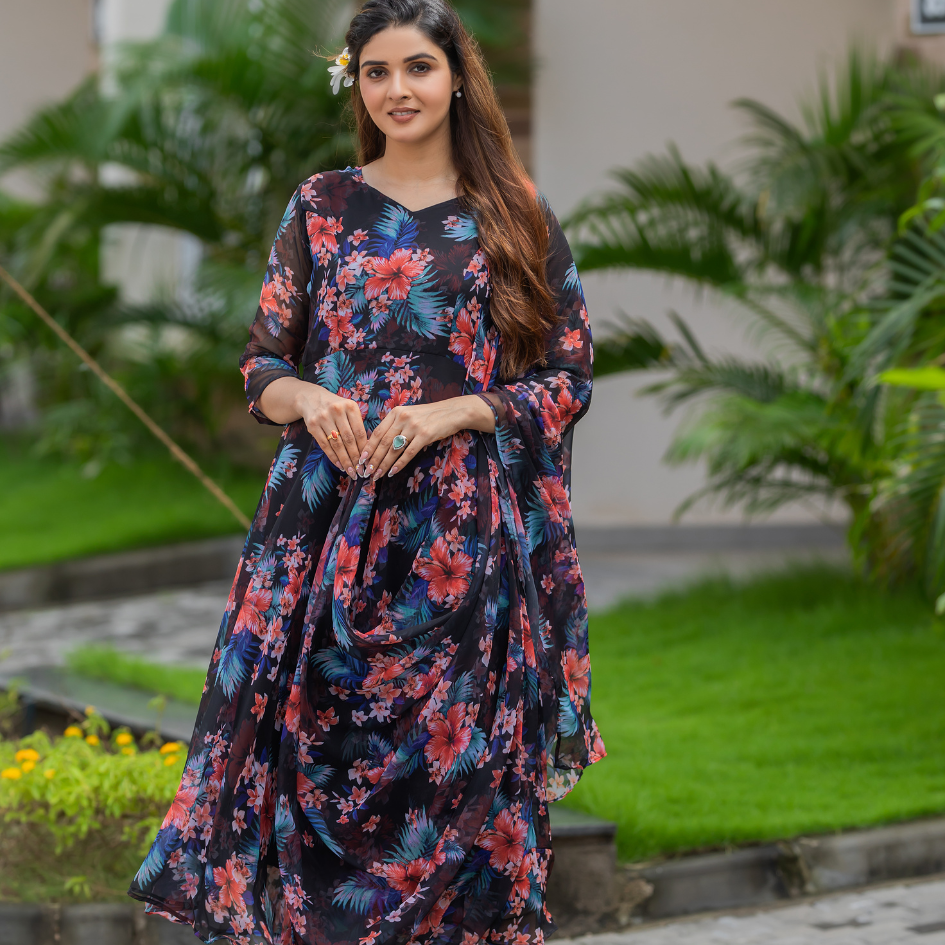 Black Floral Chiffon Dress with Dupatta