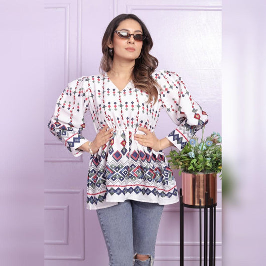 Geometric Print Boho Tunic with Bell Sleeves