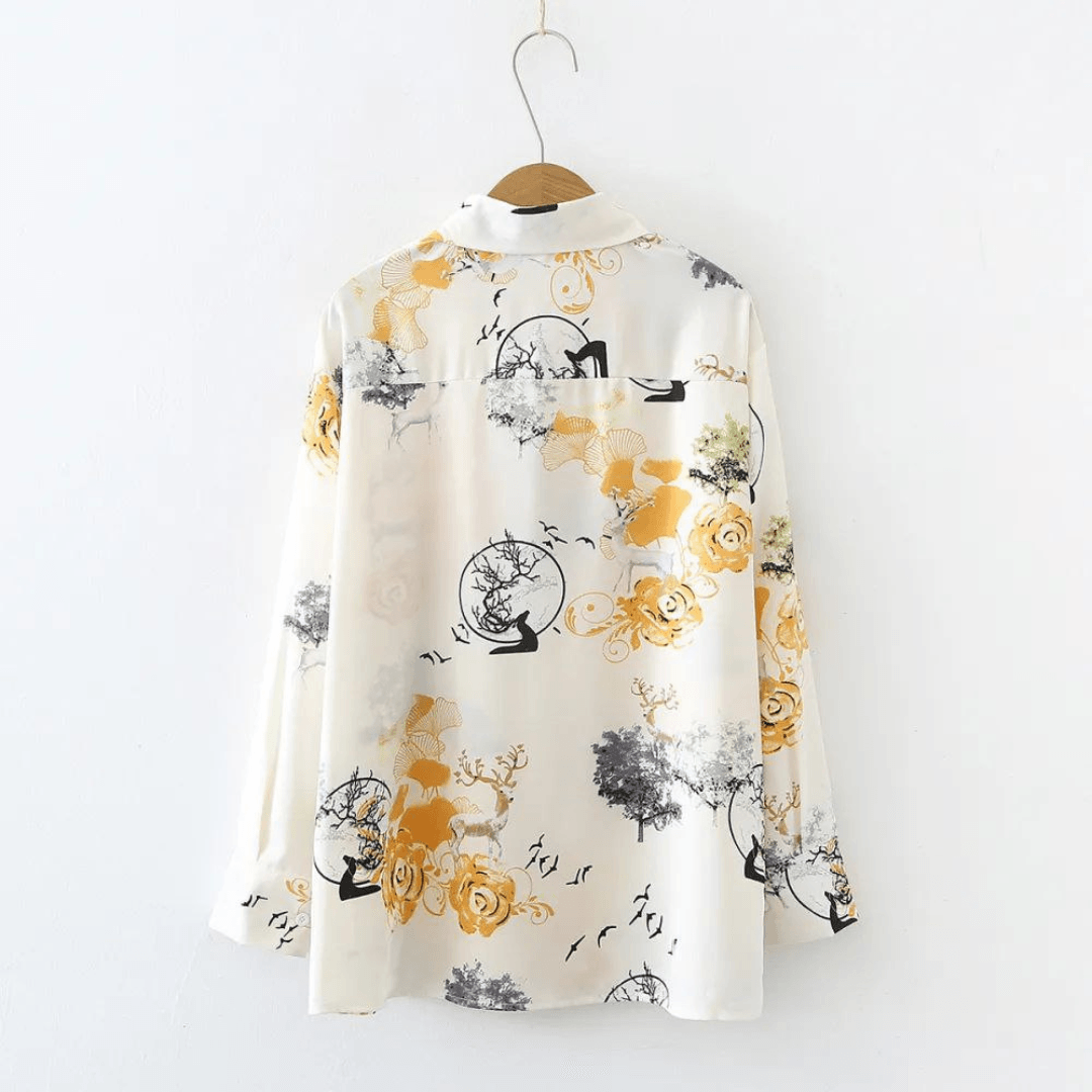 Elegant Yellow Botanical Print Button-Up Top